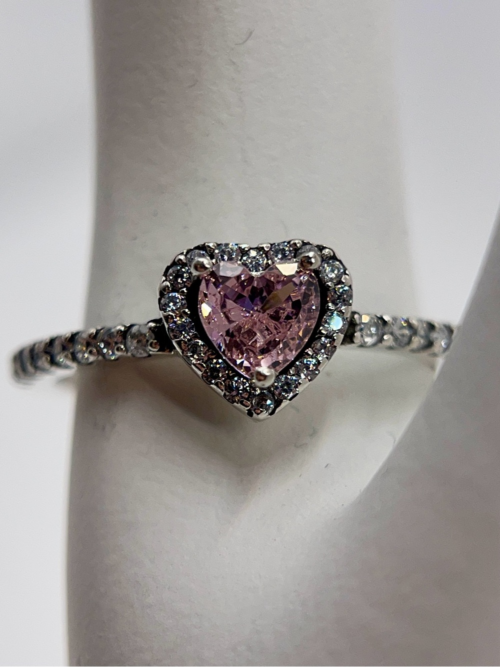 Pandora Sparkling Pink Heart Halo Ring S925 Silver Size 7 / 54
